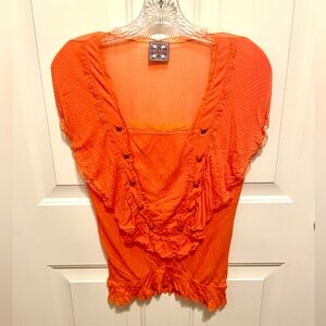 Free people orange peasant top with lace and ruffle trim
